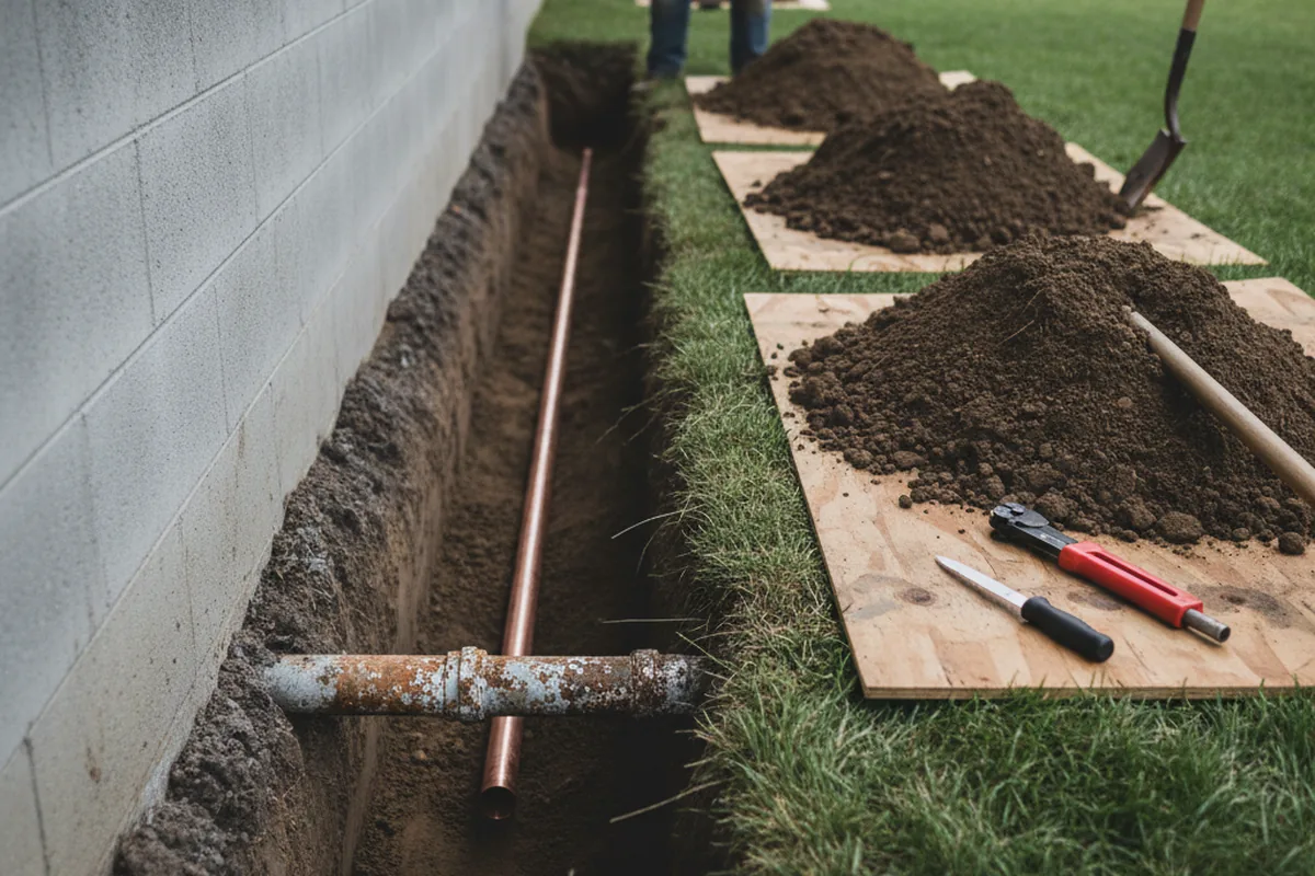 Excavated water line trench during Water Softener Installation in Waverly